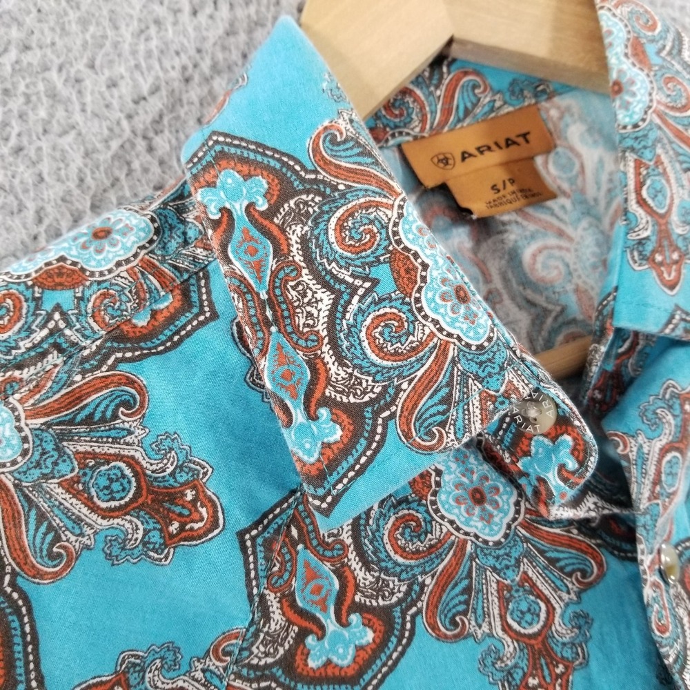 Ariat Shirt Mens Small Turquoise Pearl Snap Paisley Western Rodeo Classic Fit